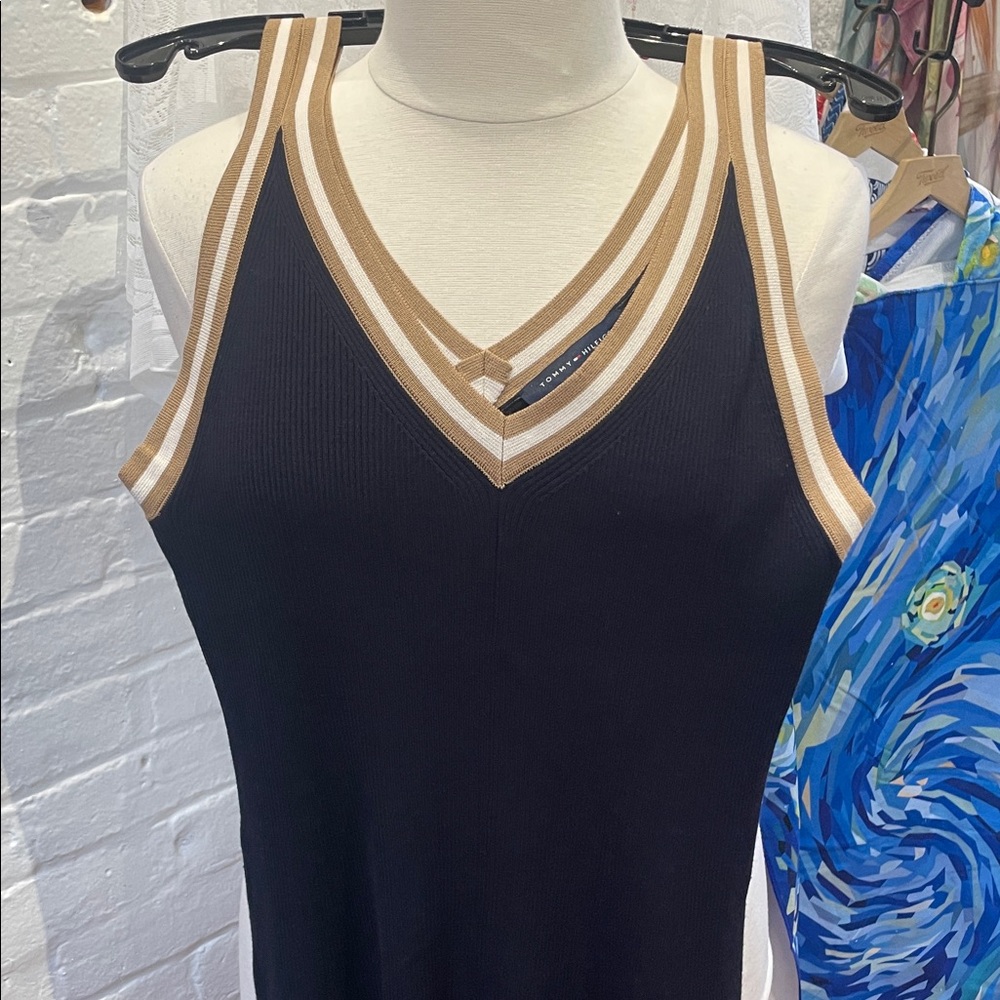 Tommy Hilfiger Sleeveless V-Neck Knit Dress with Contrast Trim - Black and Tan